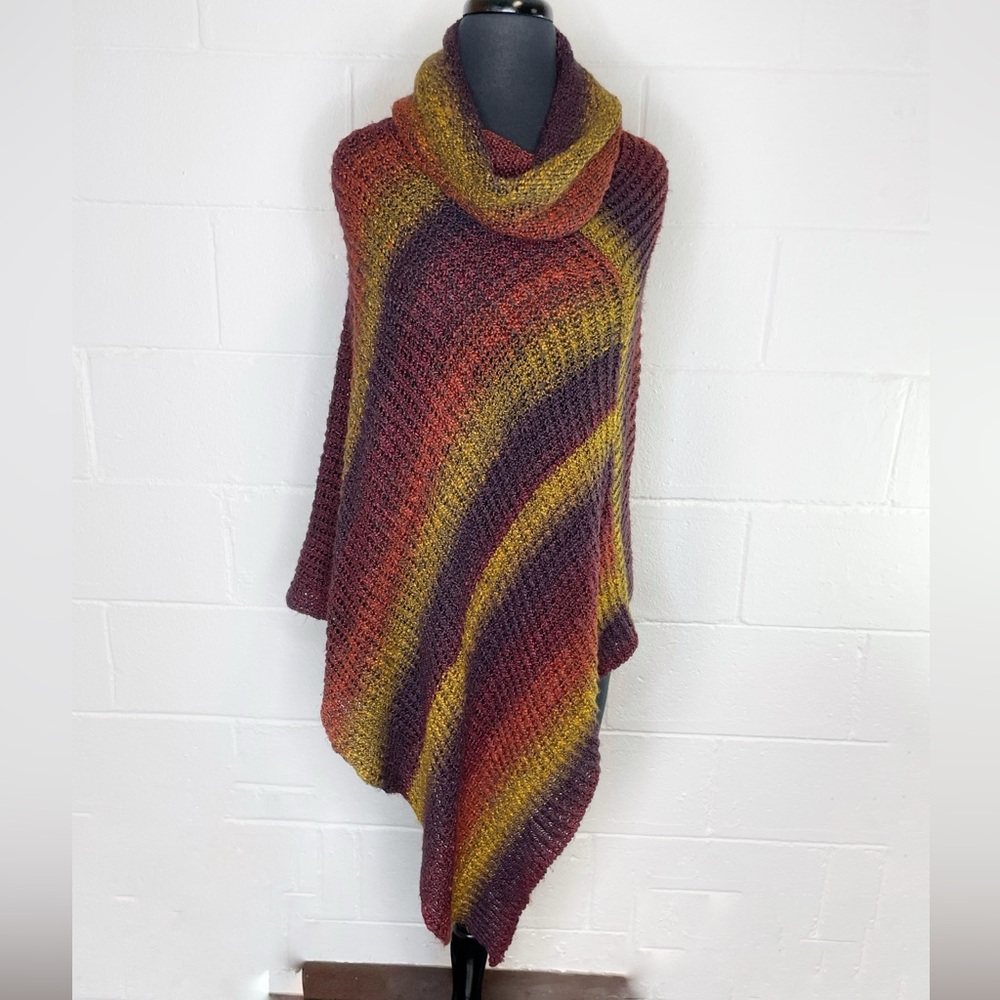 Soft Surroundings Sweater Poncho Cowl Neck Multi Color Chunky Cozy